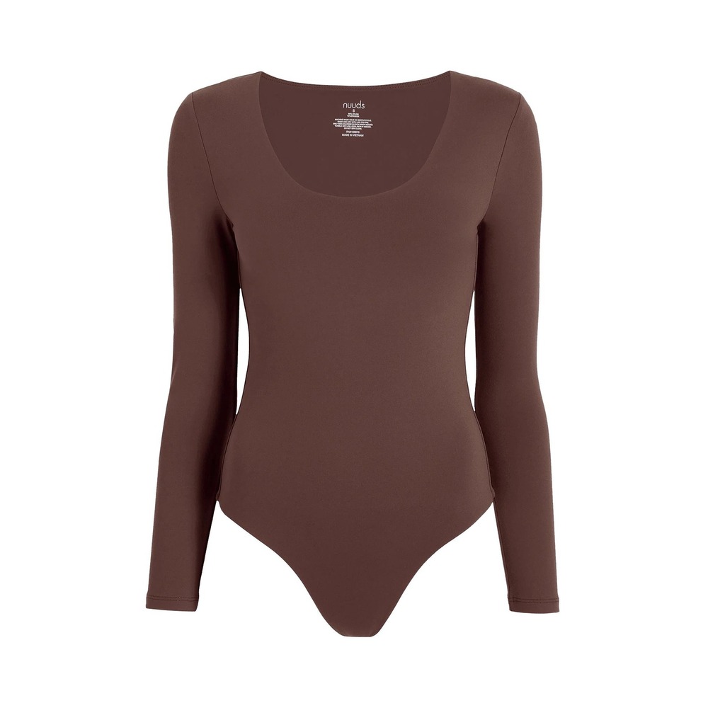 nuuds Long Sleeve Scoop Neck Bodysuit Size L Coffee Brown Stretch Casual Comfort